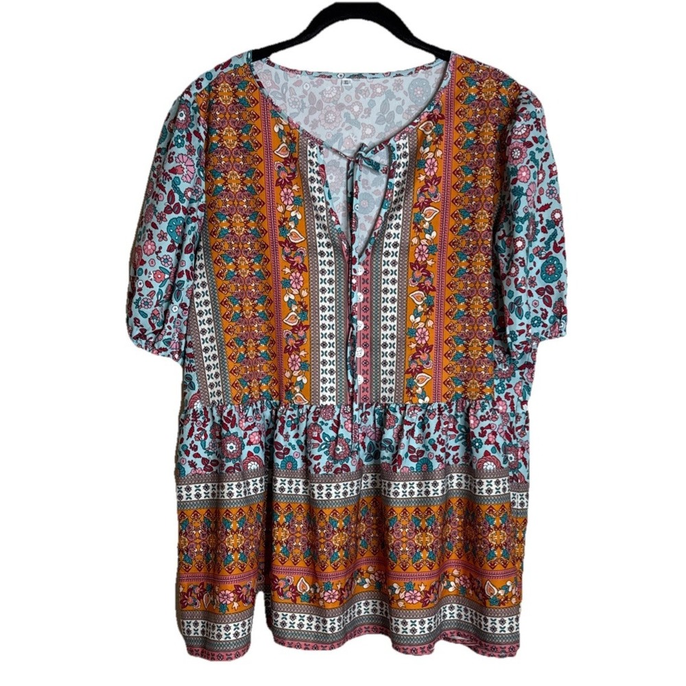 Womens XL Blouse Blue Orange Floral Boho Peplum Short Sleeve Top Festival‎ Retro